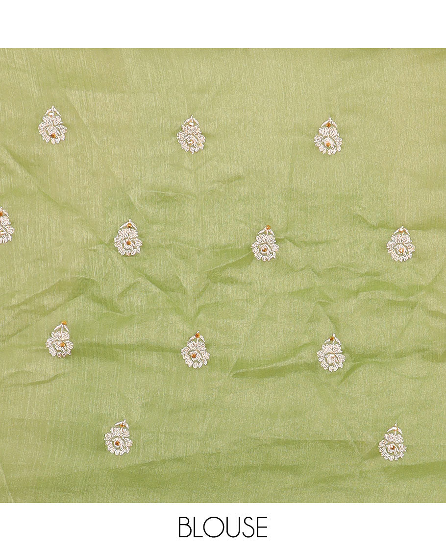 Green floral motifs thread embroidery half saree with floral embroidery border , floral motifs blouse & floral embroidery scallop border dhavani