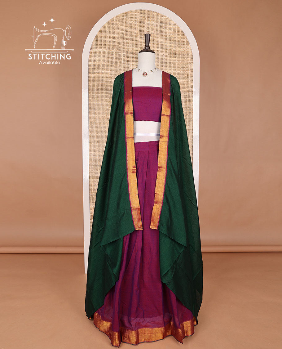 Purple mercerised cotton daman zari border half saree with cotton blouse & georgette one side zari border