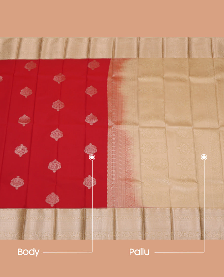 Red Budget Silk Saree, Elevated with Zari Buttas, a Contrast Traditional Border, Grand Pallu, and a Contrast Blouse