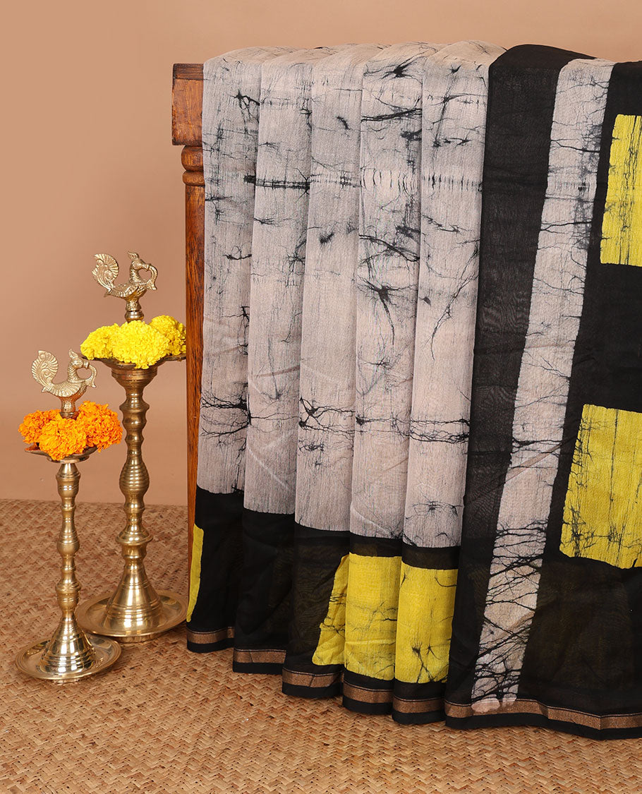Grey hand block batik printed chanderi cotton saree with black wax, checked border & black wax printed pallu along with plain blouse