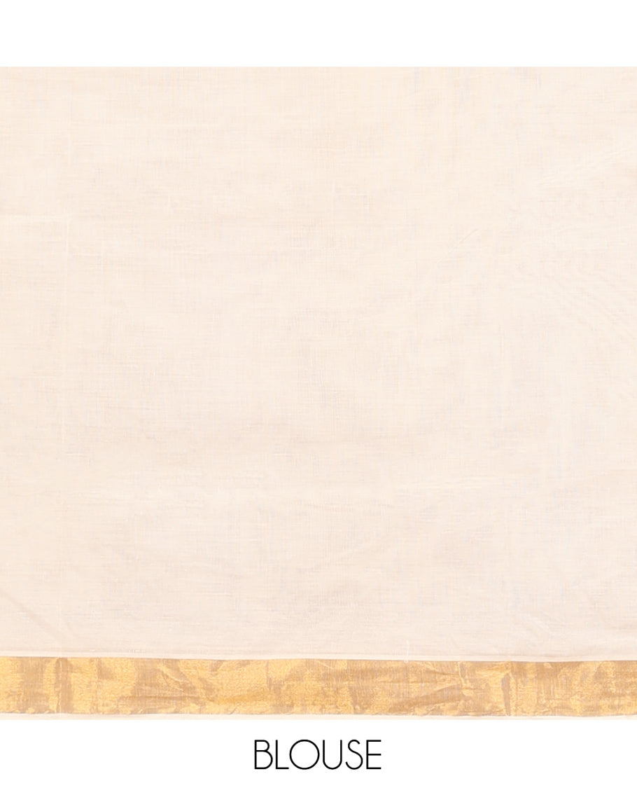 Cream Kerala Cotton Saree, Woven with Zari Buttas All Over Its Body, a Zari Bavanji Border, Pallu of Zari Designs, and Paired with a Matching Blouse