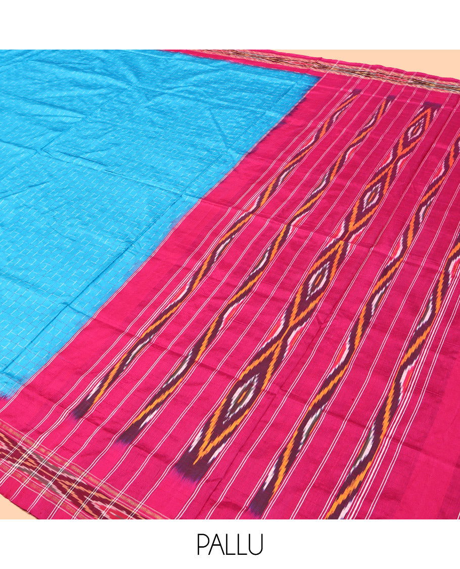 Blue Checked Pochampally Ikat Silk Saree, a Contrast Ikat-Style Border, an Ikat-Style Woven Pallu, and No Blouse