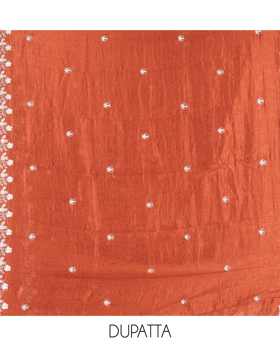 Rust Semi-Silk Material Churidar Features a Floral Embroidered Top, a Matching Bottom, Embroidered Dupatta