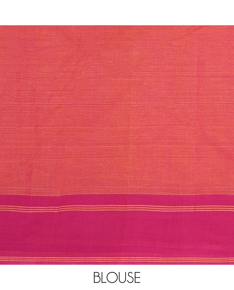 Orange mangalgiri cotton saree with contrast striped border & striped pallu