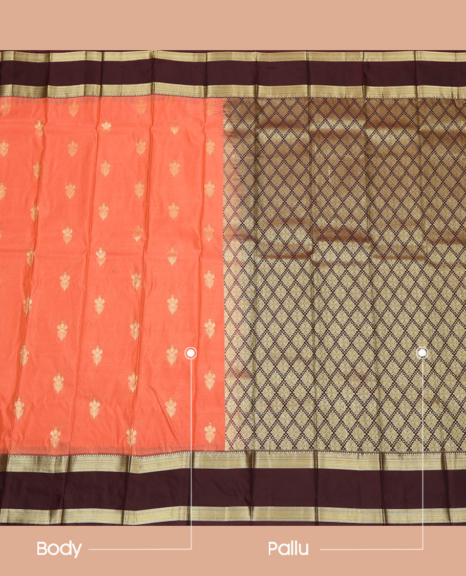 Orange Budget Silk Saree, Bedecked with Zari Buttas All Over Its Body, Complemented by a Contrast Traditional Zari Design Woven Rettai Pettu Border, Intricately Designed Pallu of Jaal Designs, and Paired with a Contrast Blouse