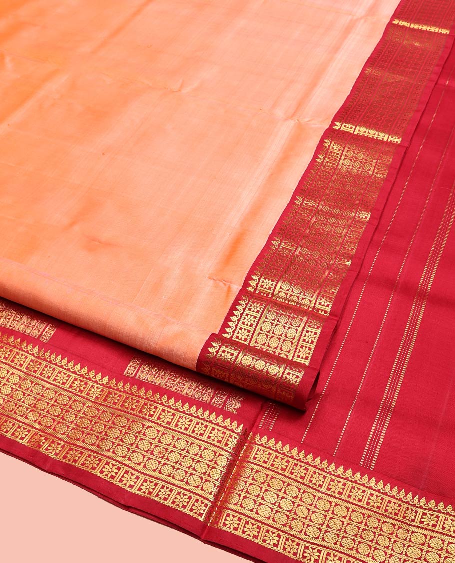 Peach Plain Nine-Yard Silk Saree, Complemented by a Contrast Korvai Border of Thilakam Mokku, Star Vanki, and Rudraksham, Pallu of Traditional Designs, and No Blouse