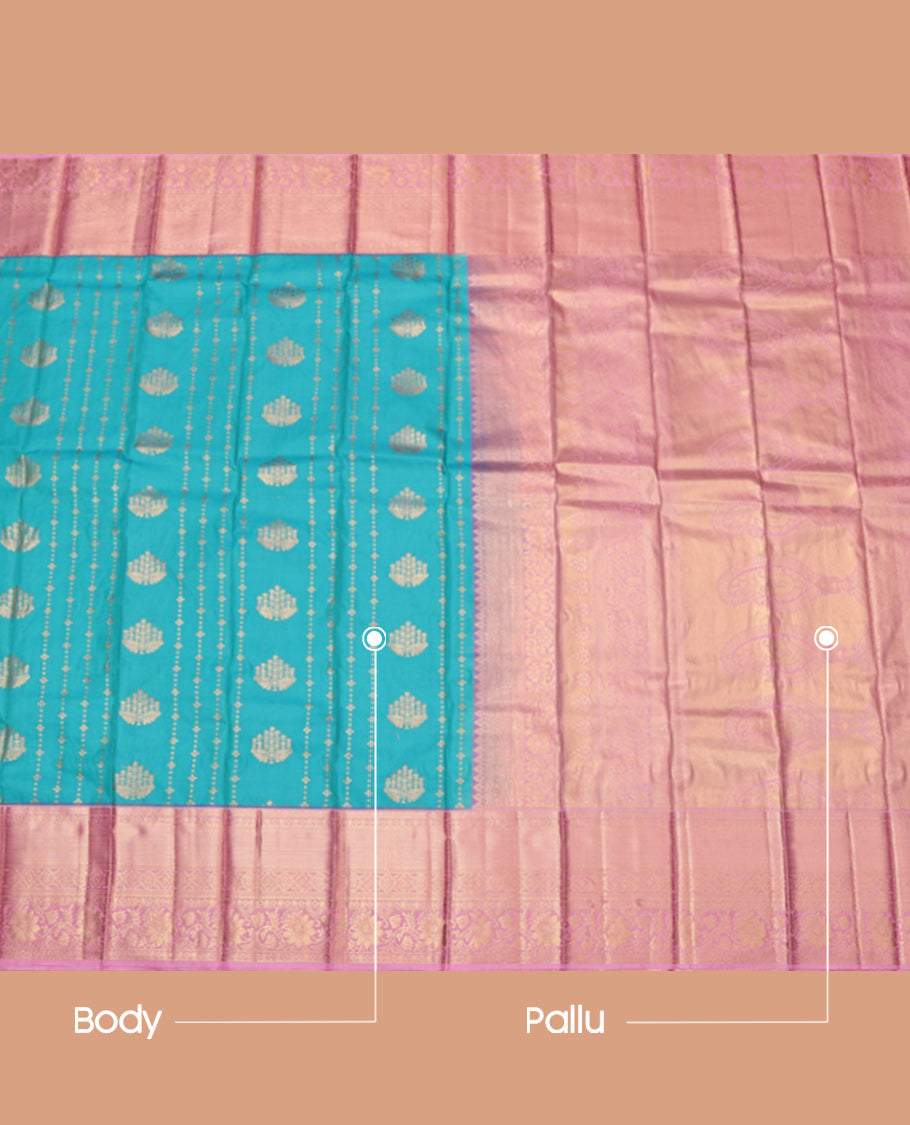 Light Blue Budget Silk Saree, Accentuated with Zari Buttas and Stripes, Complemented by Contrast Traditional Zari Border, Grand Pallu and a Contrast Blouse