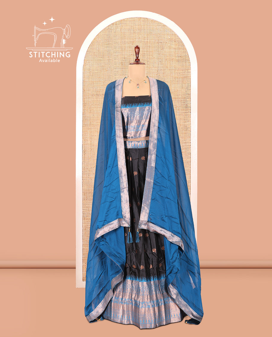 Black-Firozi Blue Semi-Silk Half-Saree Features Zari Buttas Skirt, Contrast Traditional Zari Border, a Matching Blouse, a Contrast Blouse