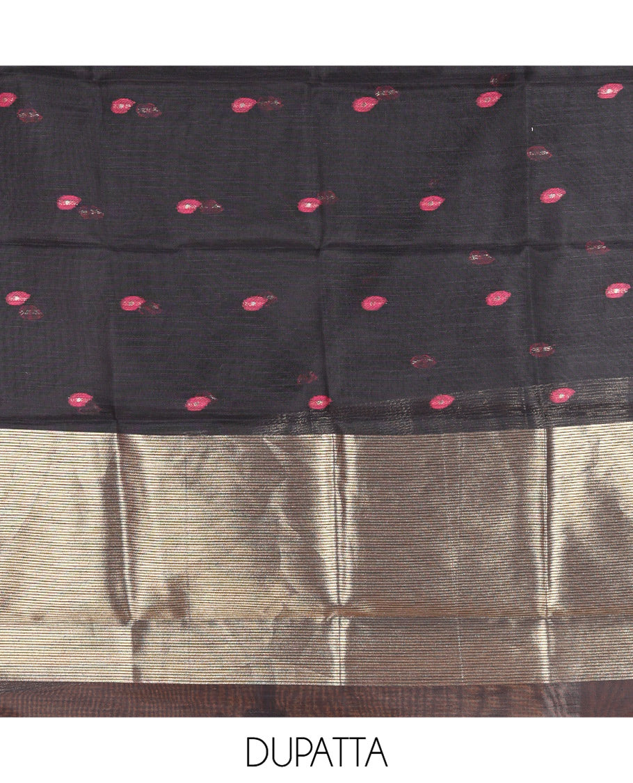 Black Semi-Linen Material Churidar, Delicately Woven with Thread Buttas Skirt, a Plain Bottom, and a Thread Buttas Dupatta