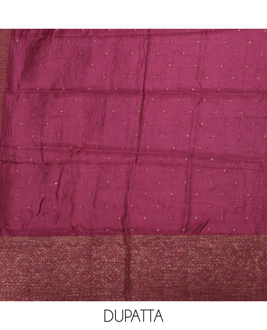 Purple material chudidar set, copper zari buttas and jaal design semi-modal silk top, plain santoon bottom, and zari design woven semi-modal silk dupatta