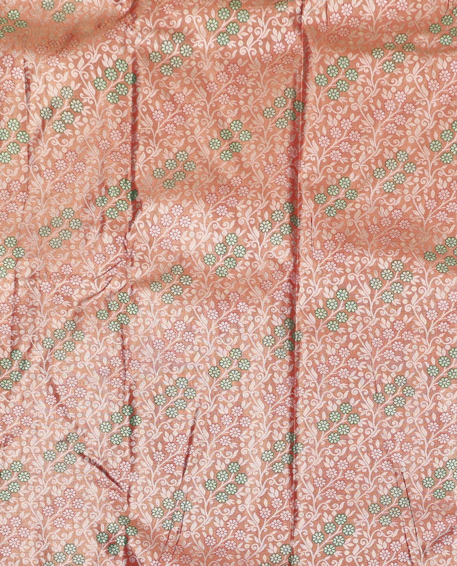 Peach Art Silk Half-Saree, Majestically Detailed with Jacquard Design, Contrast Traditional Zari Border, Paired with a Contrast Jacquard Blouse, and an Intricate Dhavani