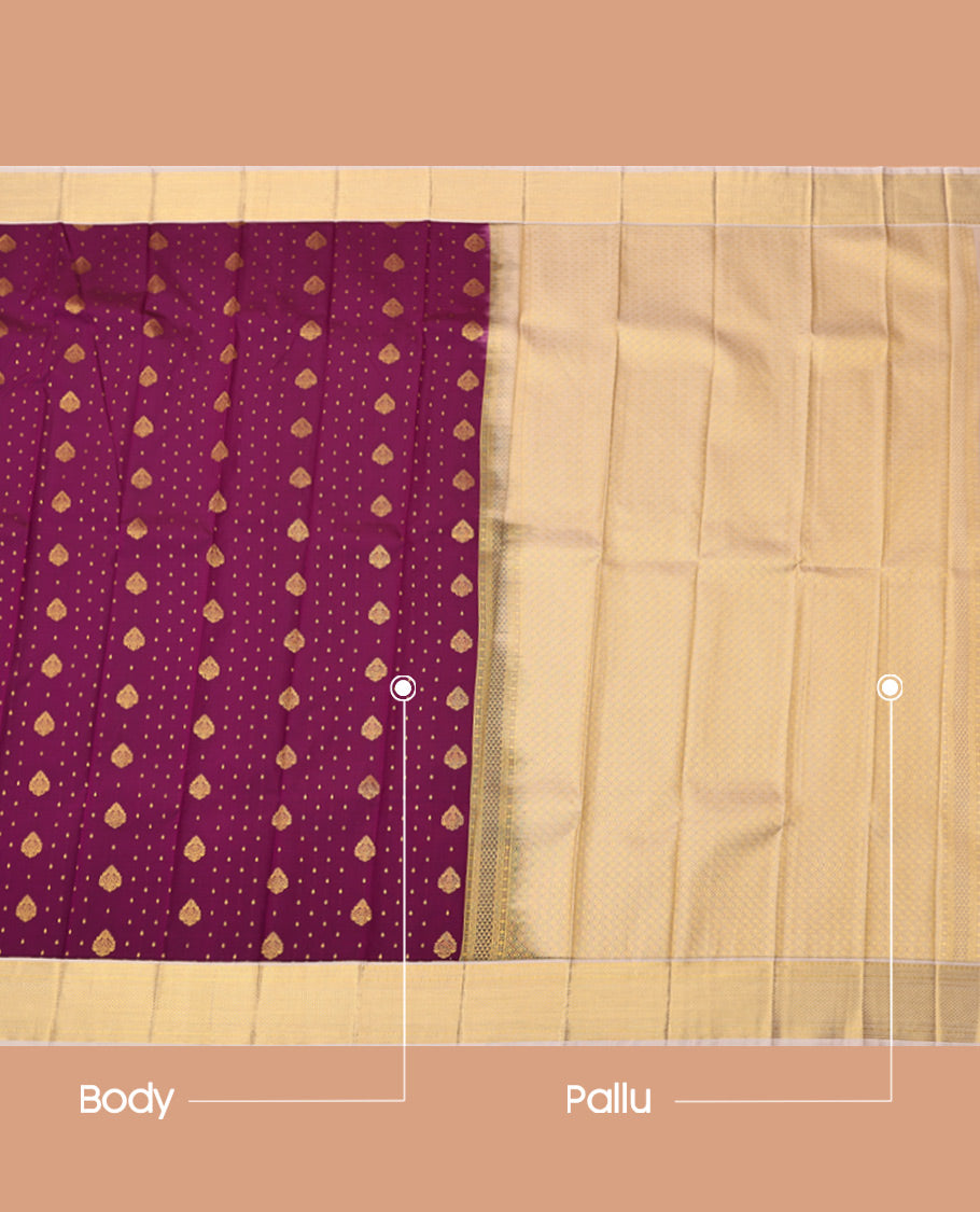 Wine Budget Silk Saree, Embellished with Zari Buttas, Complemented by a Contrast Traditional Zari Border, Jaal Pallu, and a Contrast Blouse