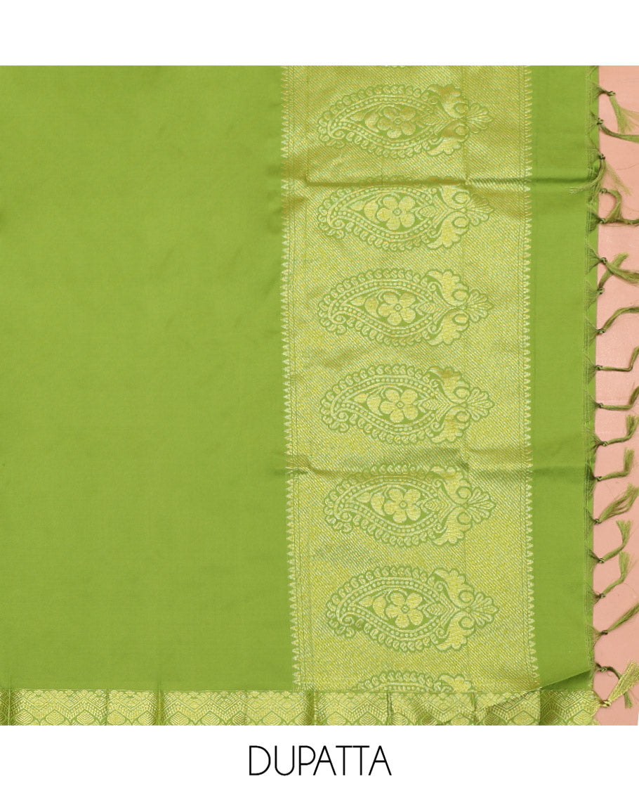 Pink Art Silk Material Half Saree Set, Elegantly Highlighted with Jacquard Design Skirt, a Contrast Traditional Zari Design Border, Contrast Zari-Jacquard Blouse, and a Dhavani of Paisley Designs
