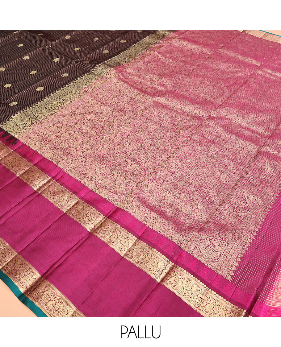 Brown Vasundhara Silk Saree, Elegantly Highlighted with Zari Buttas and Checks, a Contrast Temple Rettai Pettu Border of Thilakam Mokku, and Mayil, Intricate Pallu, and a Contrast Blouse