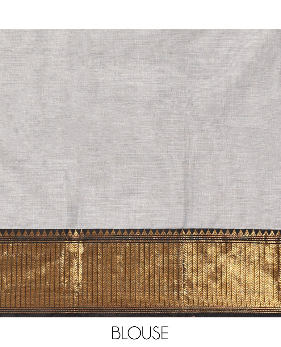Grey Cotton Saree, Artfully Detailed with Flora-Fauna Village-Themed Print, Contrast Traditional Zari Border, Pallu of Warli Print, and a Matching Blouse