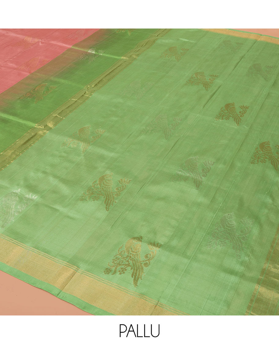 Pink Uppada Silk Saree Adorned with Parrot Zari Buttas, Complemented by Bavanji Border, Contrast Pallu Steeped with Parrot Zari Designs, and Paired with a Contrast Blouse