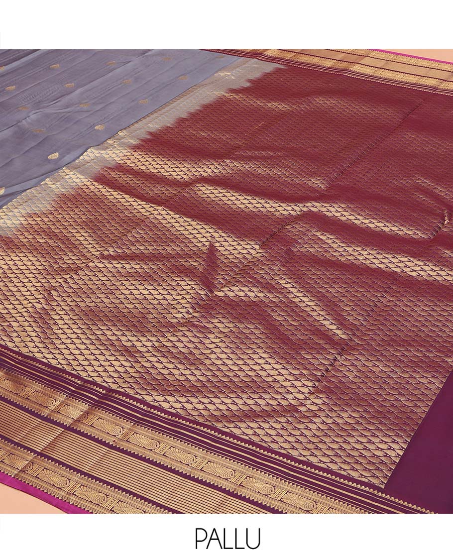 Grey Vasundhara Lite Silk Mix Saree, Elevated with Zari Buttas on Its Body, Complemented by Contrast Border of Rekku, Banaras, and Meen Designs, Grand Pallu Steeped with Paisleys, and Paired with a Contrast Blouse