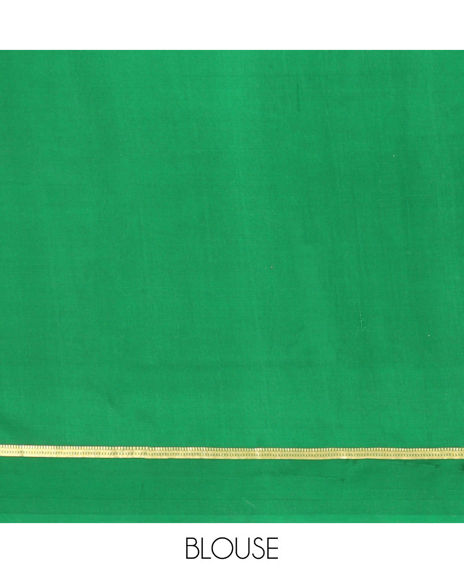 Red Mysore Silk Saree, Gracefully Adorned with Peacock Buttas and Stripes Across Its Body, Complemented by Contrast Border, Pallu Steeped with Traditional Zari Designs, and Paired with a Contrast Blouse