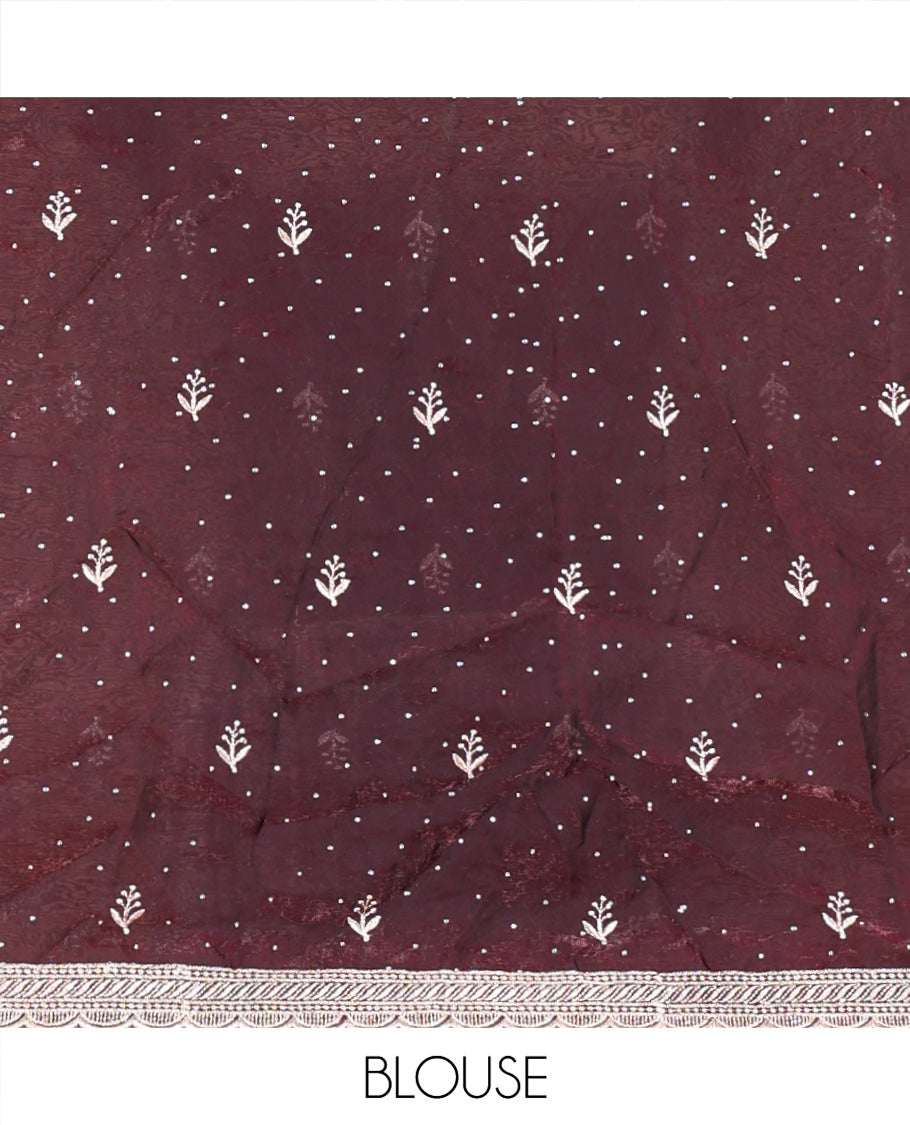 Wine Fendi Organza Half-Saree, with Embroidered Buttas on Its Skirt, Embroidered Scallop Border, Paired with a Matching Blouse, and an Embroidered Fendi Organza Scallop Dhavani