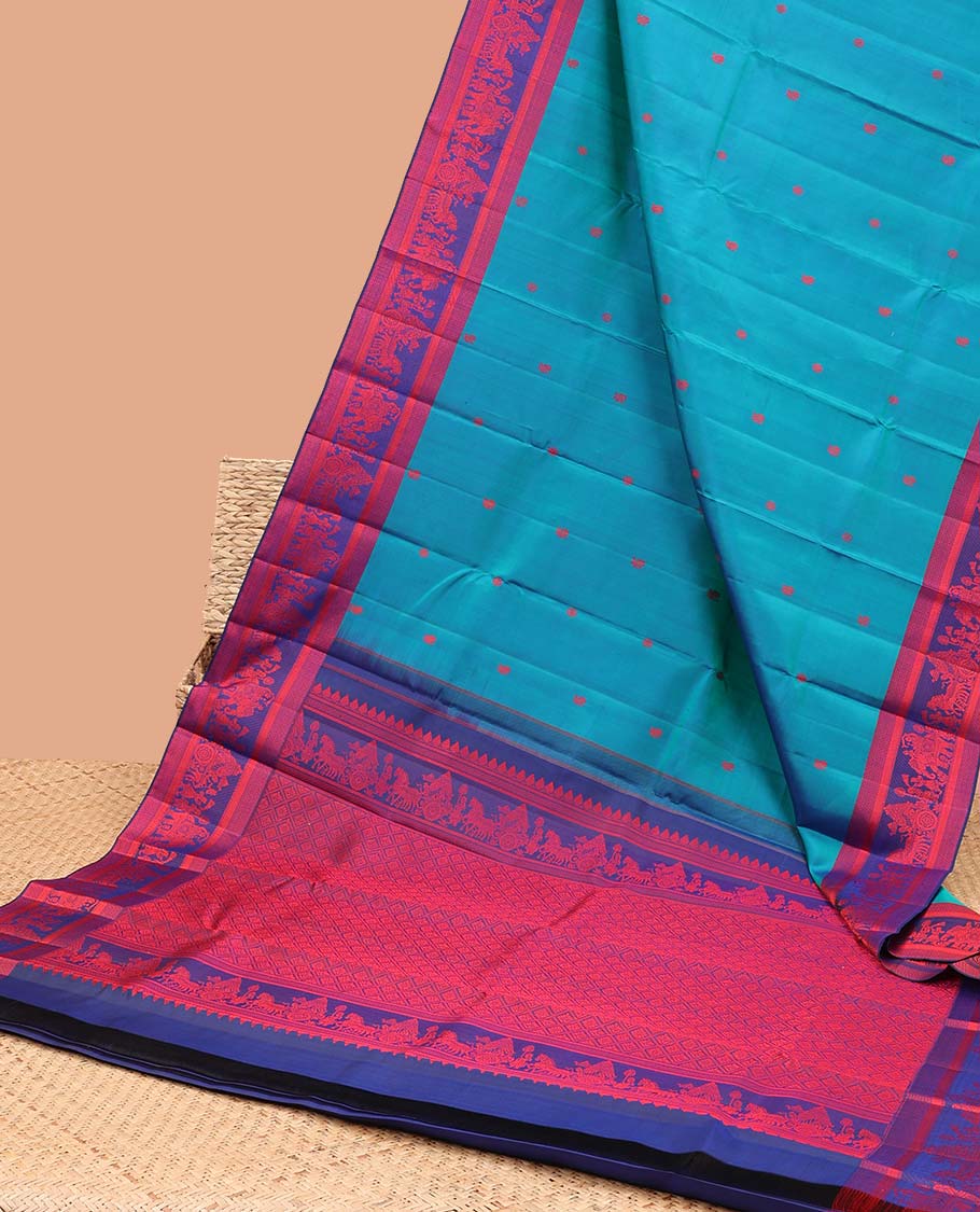 Blue buttas kancheepuram silk saree with contrast wedding design border & intricate checked, floral zari design pallu