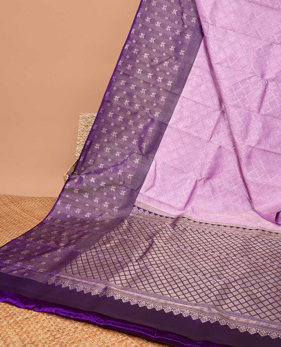 Lavender checked design samudrika silk saree with contrast zari design border & checked zari design pallu