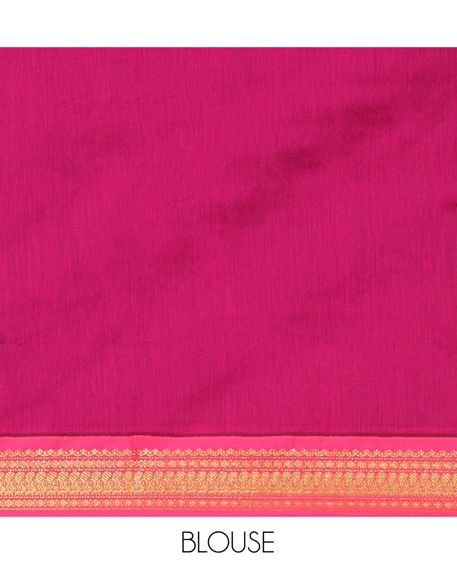 Black Kalyani Cotton Saree, Woven with Thread Buttas, Complemented by a Contrast Traditional Border, Traditional Pallu, and a Contrast Blouse