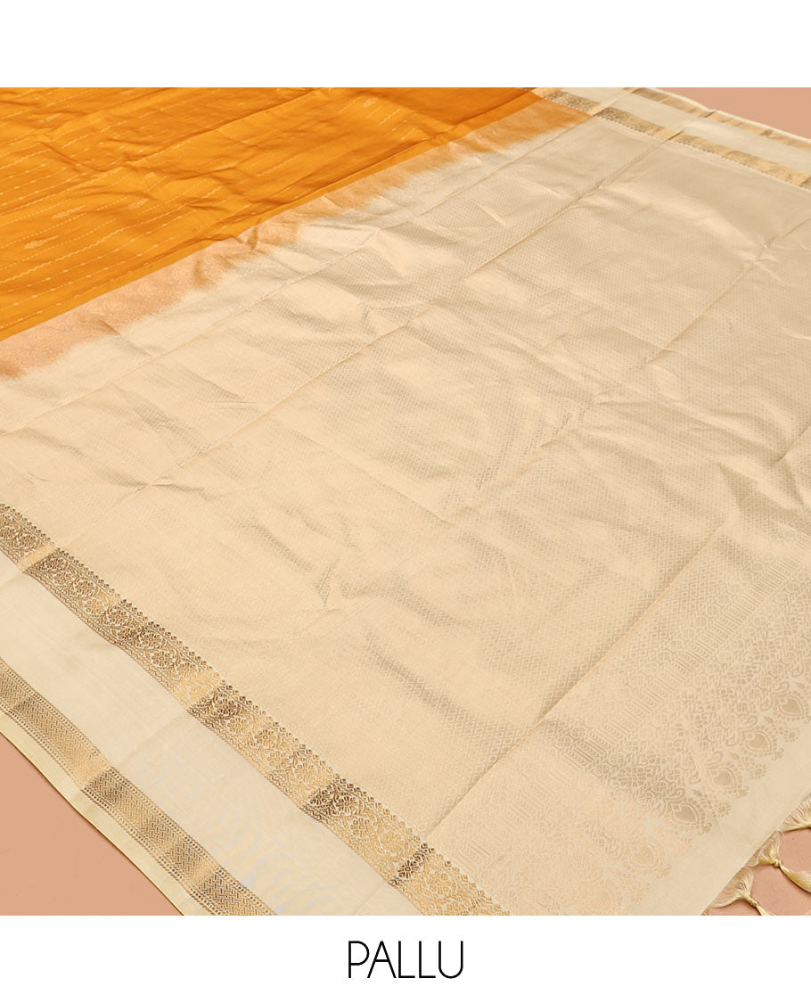 Mustard-Off-White Zari Striped Vasundhara Silk Saree, Contrast Rettai Pettu Zari Border, Jaal Pallu, a Contrast Blouse