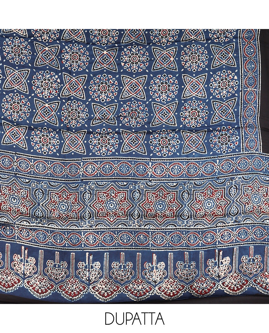Blue chudidhar material set pure modal hand block ajrack print top with plain pant & hand block print dupatta