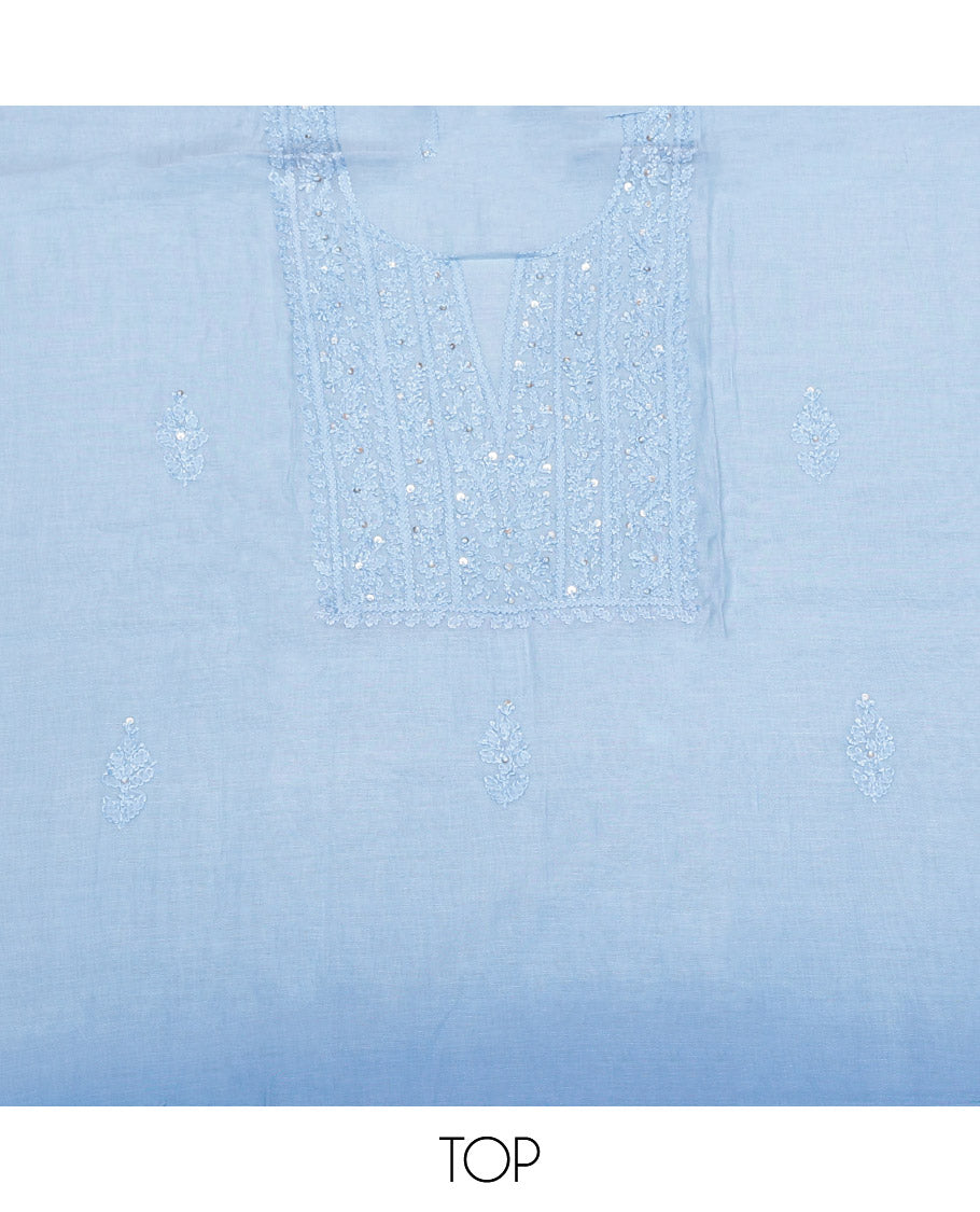 Baby Blue Cotton Material Churidar Set, Finely Crafted with Sequined Thread Neck Work Top, a Contrast Plain Bottom, and Thread Dupatta