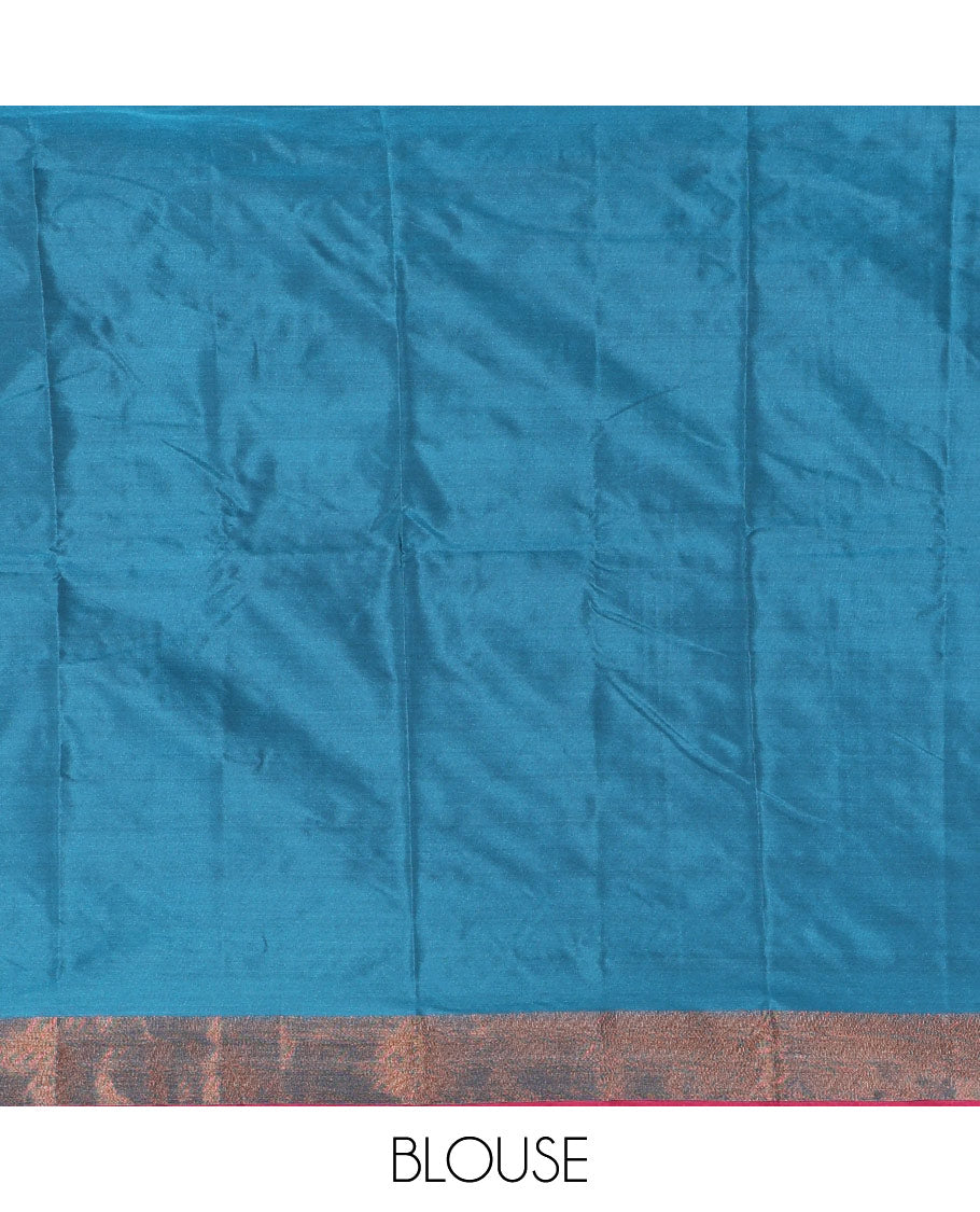 Rani pink and blue half-saree, buttas with traditional zari bordered taffeta silk skirt, a plain blouse, and a contrast vichitra silk dhavani