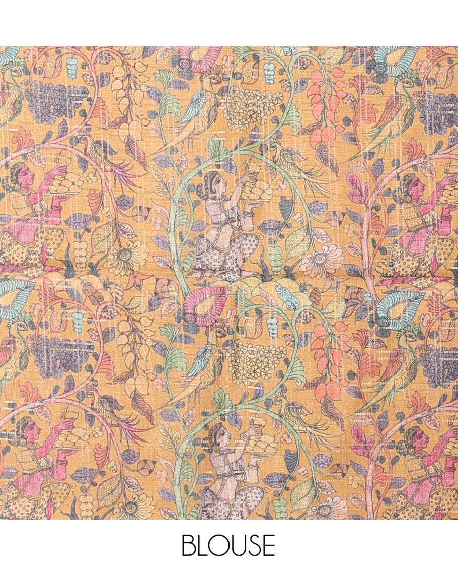 Grey Fancy Tussar Silk Saree, Accentuated with Checked Design, Contrast Zari Piping Border, Kalamkari Pallu, and Contrast Kalamkari Printed Blouse