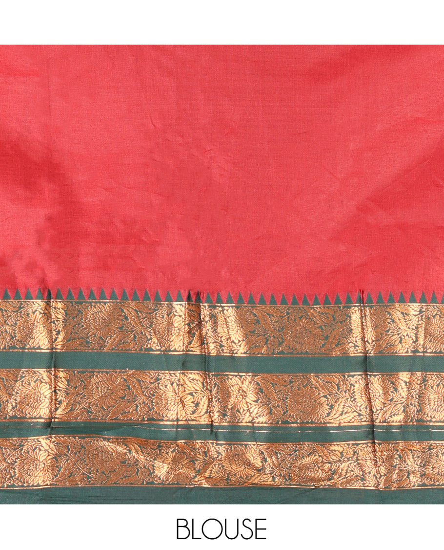 Red Semi-Banarasi Half-Saree Features Plain Skirt, Contrast Floral Creeper Zari Border, Matching Blouse, Contrast Dhavani