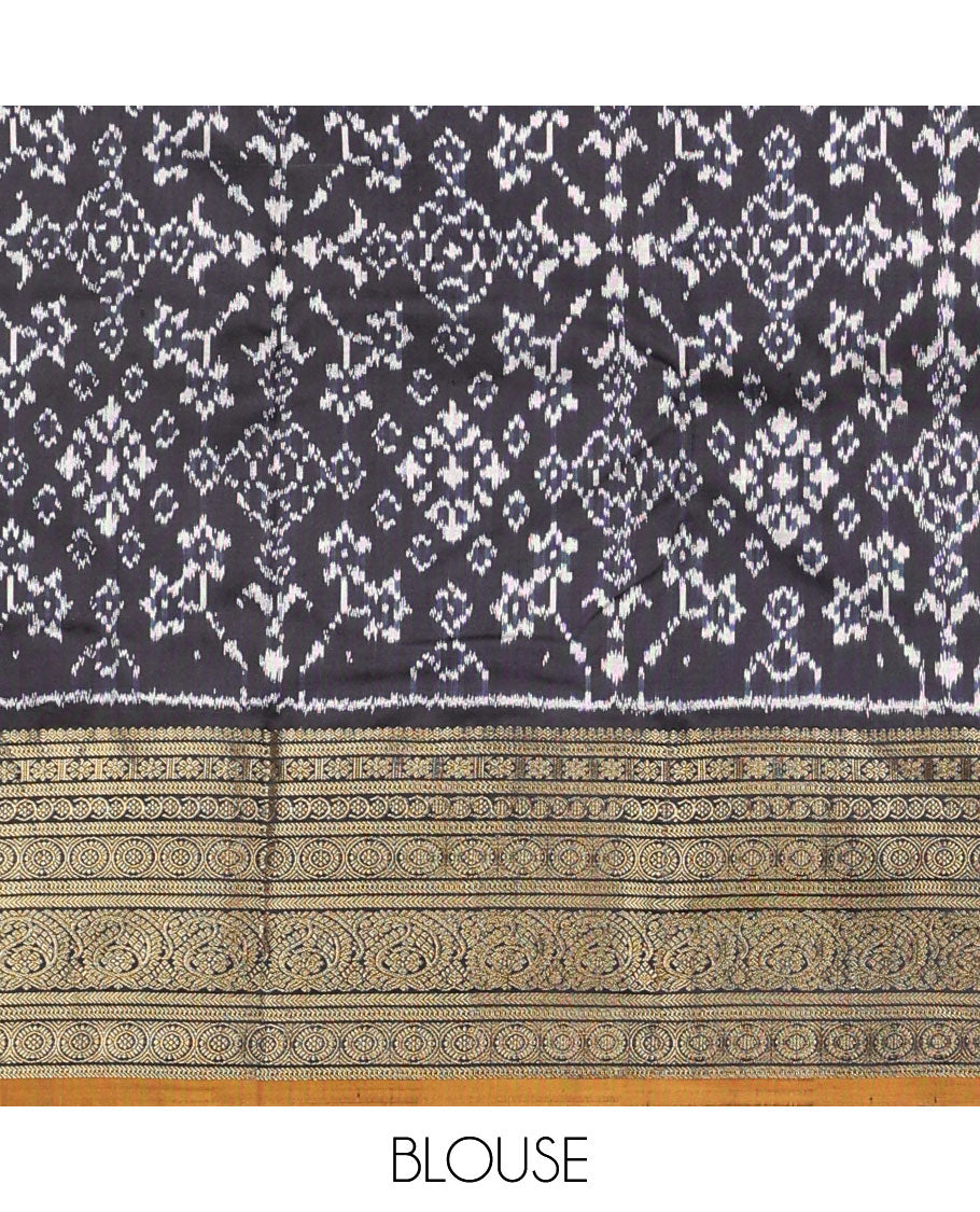Black geometric, floral & animal design ikkat saree with contrast zari design border & traditional zari design pallu