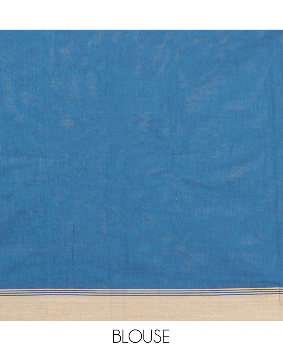 Blue Kanchi Cotton Saree, Embellished with Buttas All Over Its Body, Complemented by a Contrast Border, Pallu of Jaal Design, and Paired with a Matching Blouse