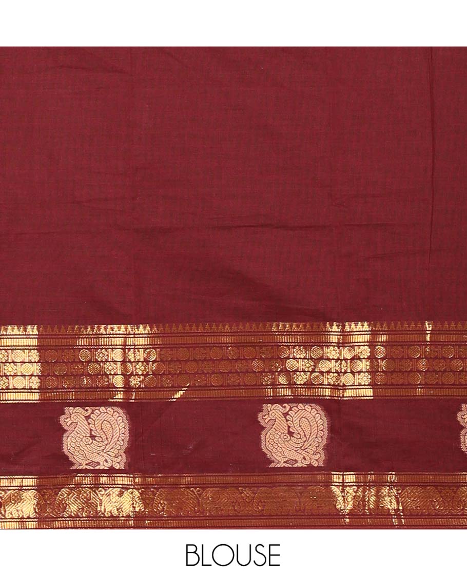Maroon Chettinad Cotton Half-Saree Featuring Plain Skirt, Elevated with a Contrast Traditional Zari Border of Peacock Designs, Paired with a Matching Blouse, and a Satin Georgette Zari Bordered Dhavani