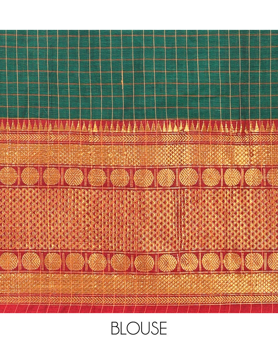 Dark green checked half saree with contrast zari design border, zari design blouse & plain, zari design border dhavani
