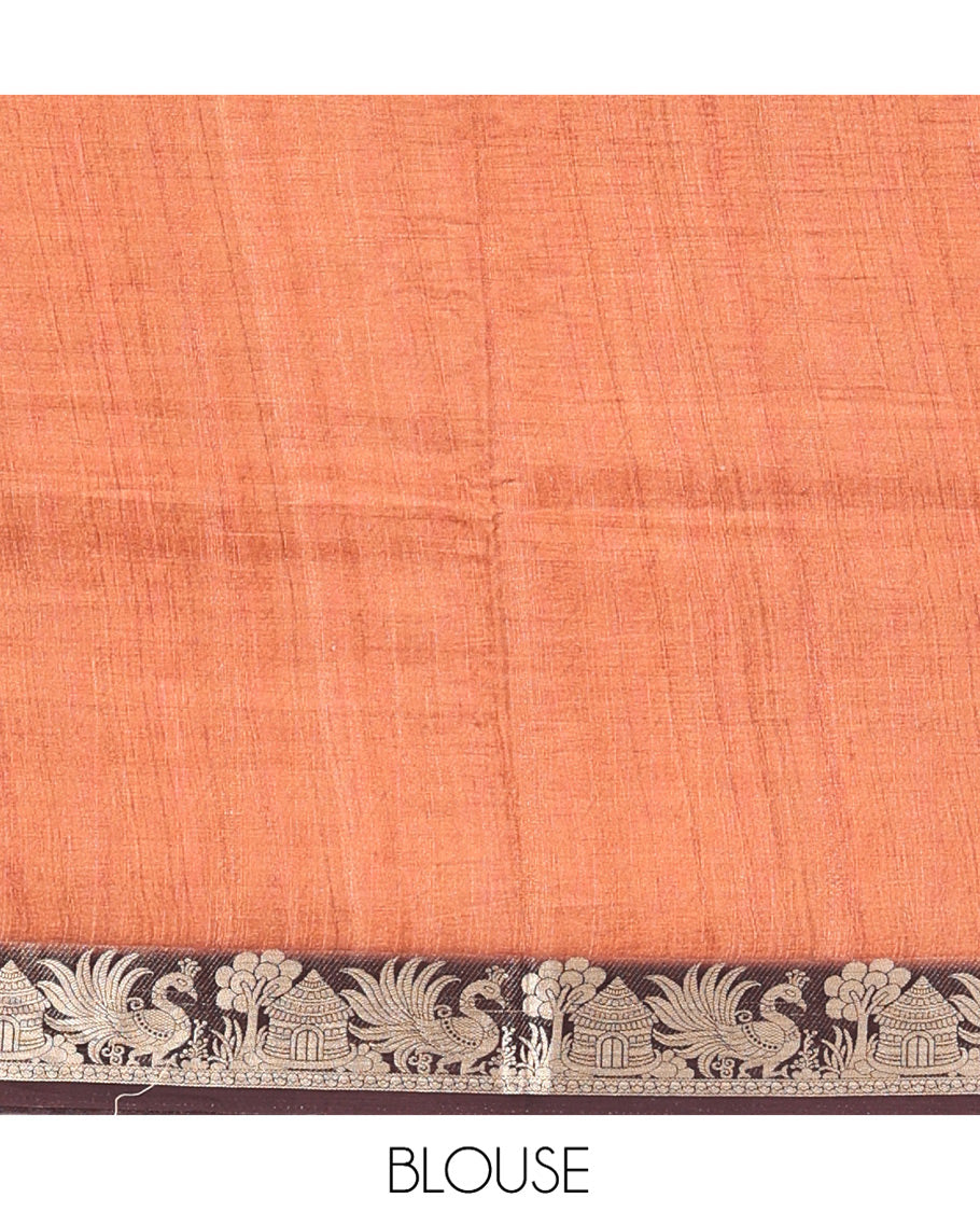 Brown-Rust Kalamkari Saree, Bedecked with Floral Vine Print, Zari-Woven Border, Floral Pallu, and a Contrast Blouse