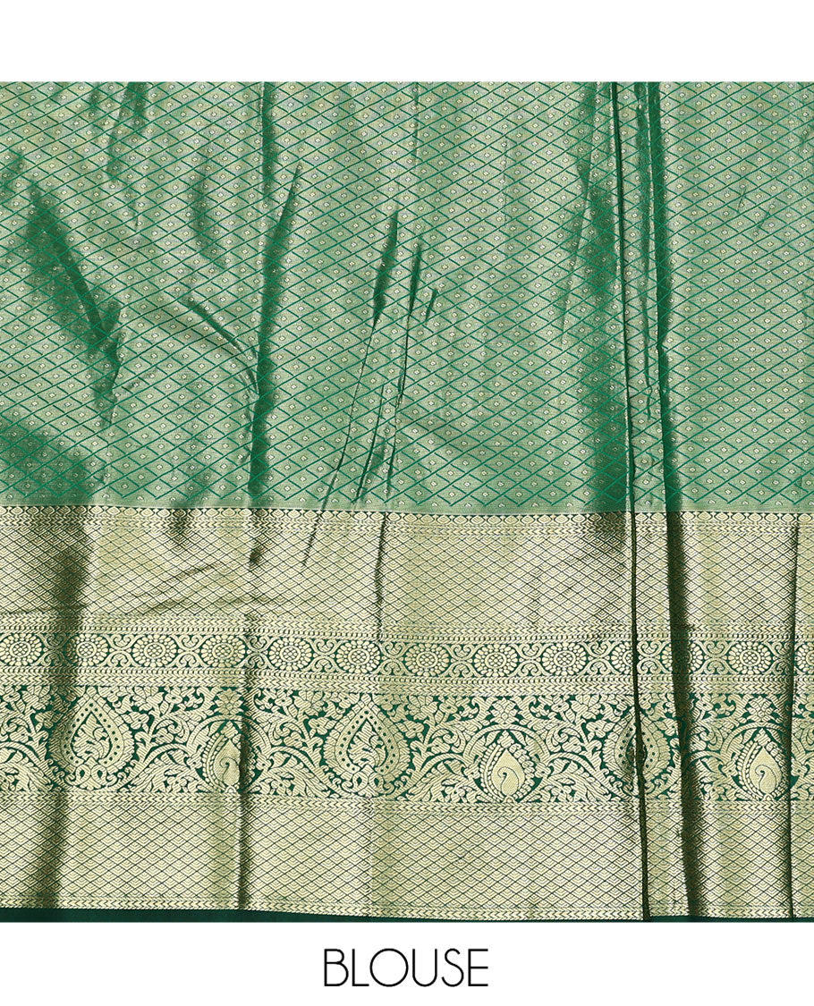 Peach Art Silk Half-Saree, Majestically Detailed with Jacquard Design, Contrast Traditional Zari Border, Paired with a Contrast Jacquard Blouse, and an Intricate Dhavani