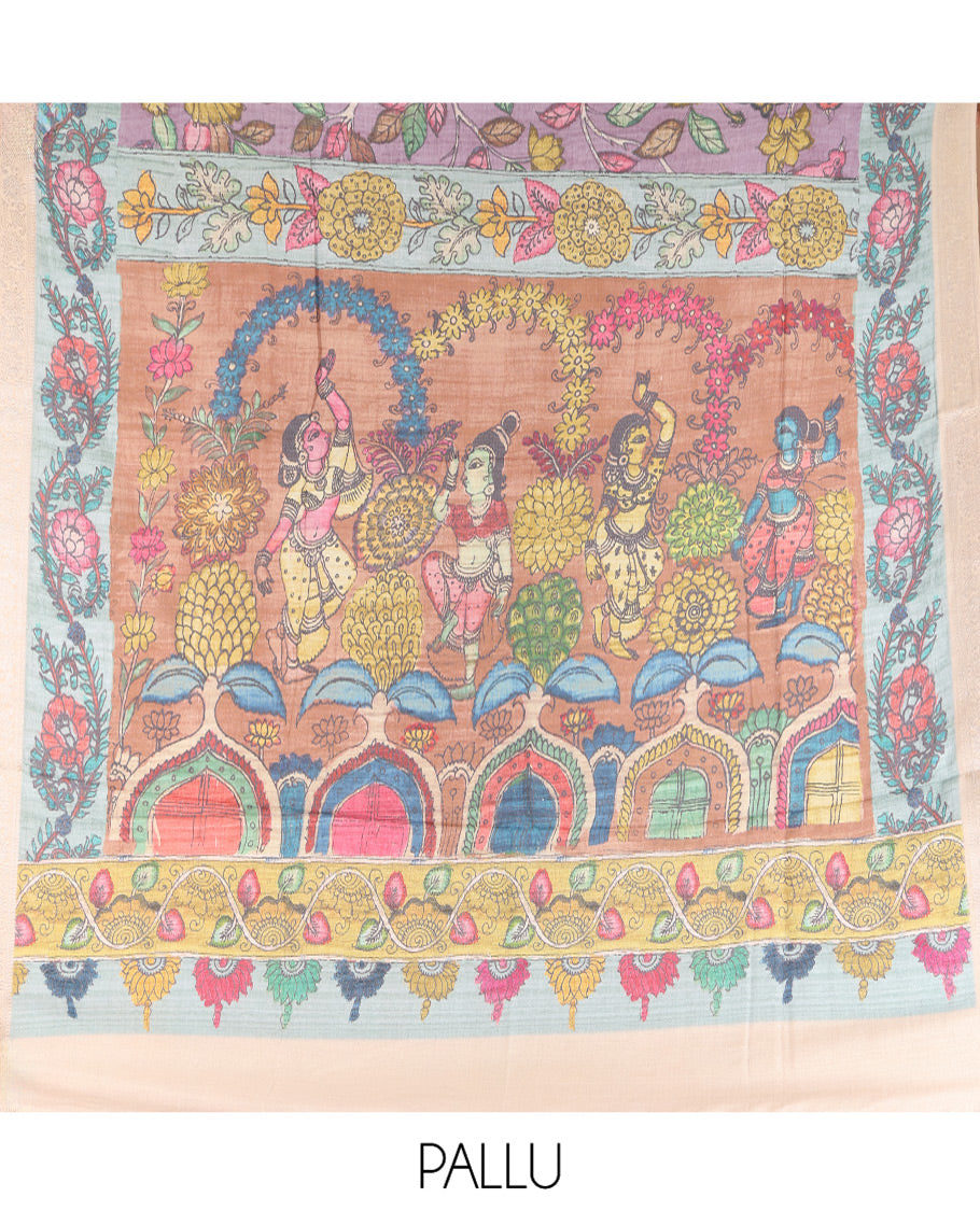 Violet Kalamkari Printed Fancy Tussar Saree