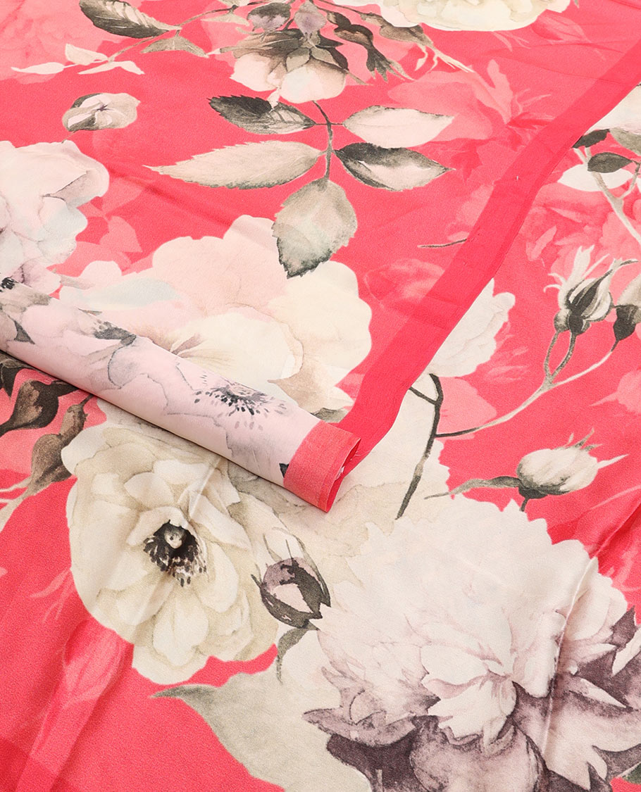 Red floral design crepe saree with self plain border