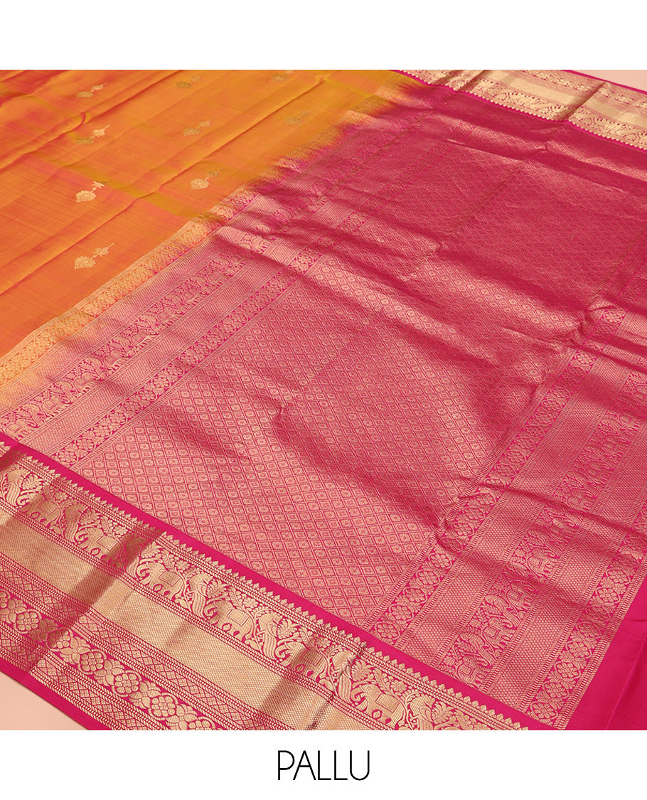 Orange Vasundhara Silk Saree, Entralled with Zari Buttas All Over Its Body, Complemented by Contrast Border of Mayil, Yaanai, Diamond and Floral Designs Grand Jaal Pallu and Paired with a Contrast