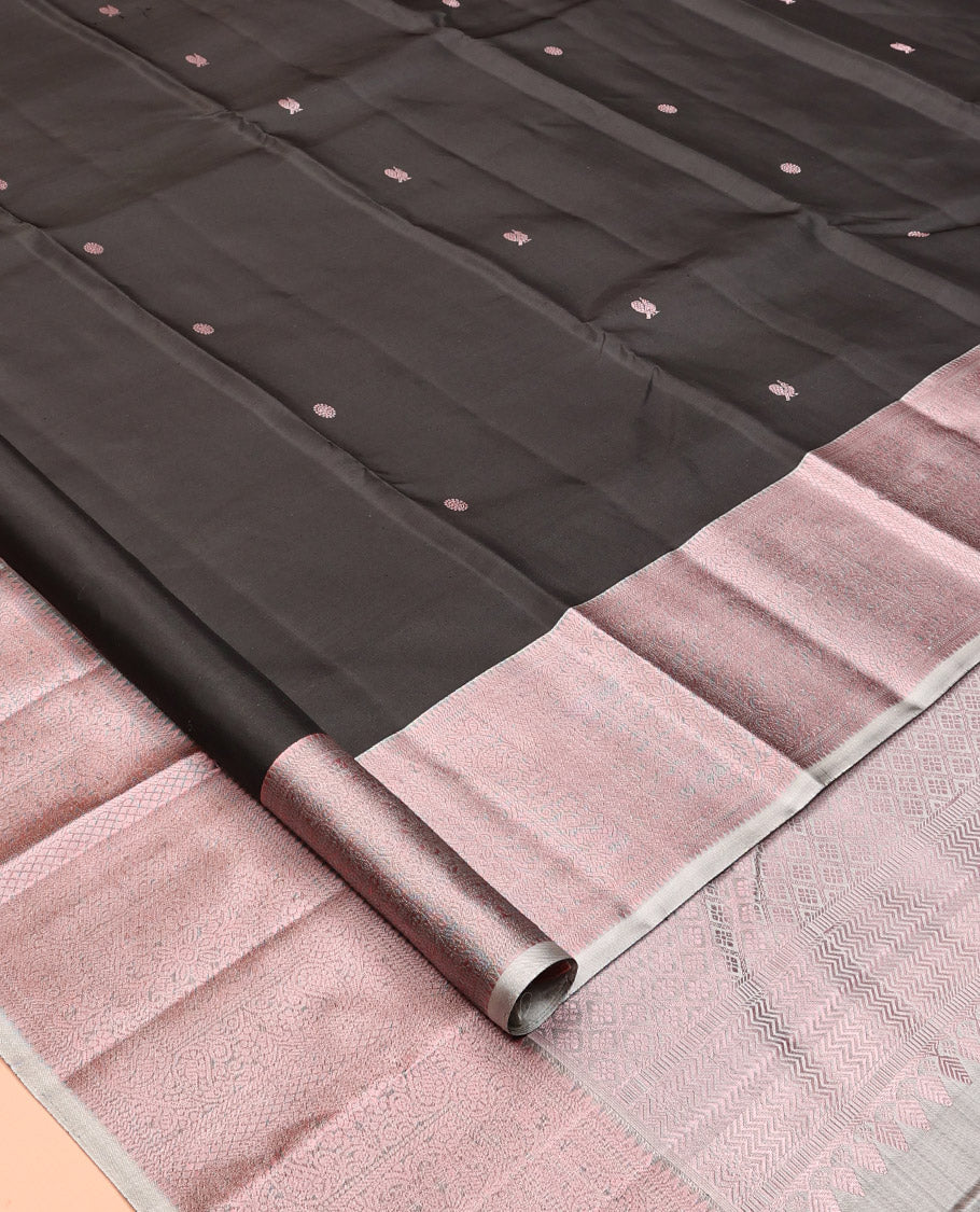 Black Mayil-Chakra Buttas Kanchipuram Silk Saree, a Contrast Intricate Border, Jaal Pallu, Contrast Blouse