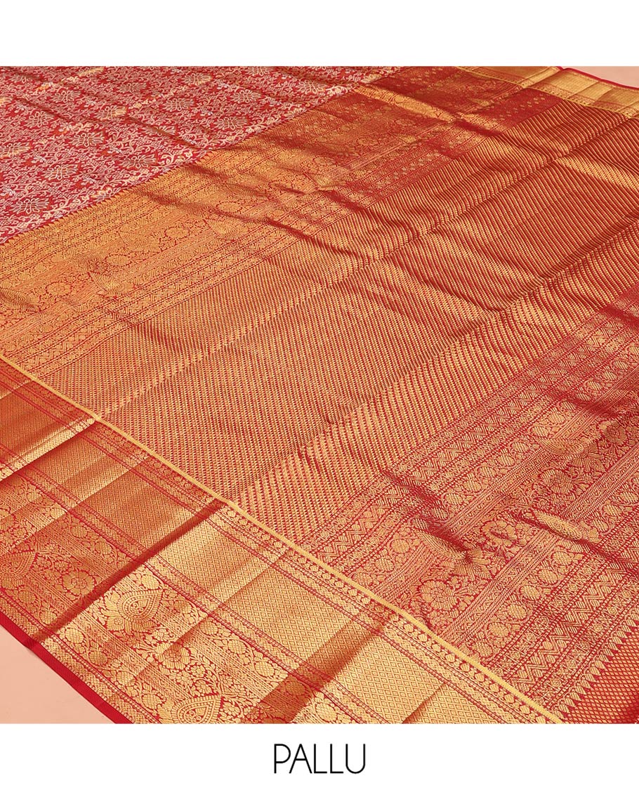 Red Kanchipuram Tissue Silk Saree, Gracefully Embellished with Jacquard Designs on Its Body, Highlighted by a Zari Border of Traditional Designs, Intricately Designed Pallu, and Paired with a Matching Blouse