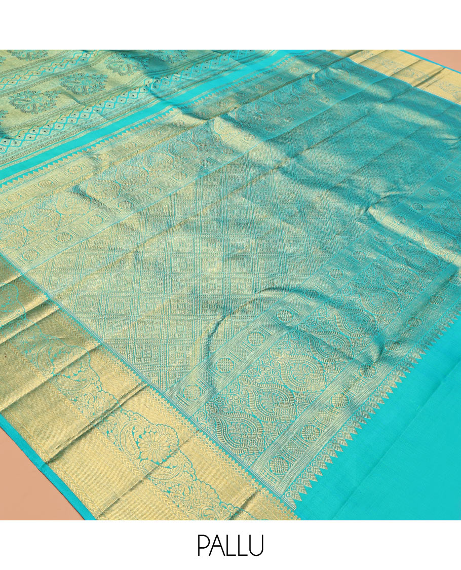 Blue Kanchipuram Wedding Silk Saree, Decked Up with Jacquard Design, Zari Border of Thilakam Mokku, and Manga Designs, Grand Jaal Pallu, and a Matching Blouse
