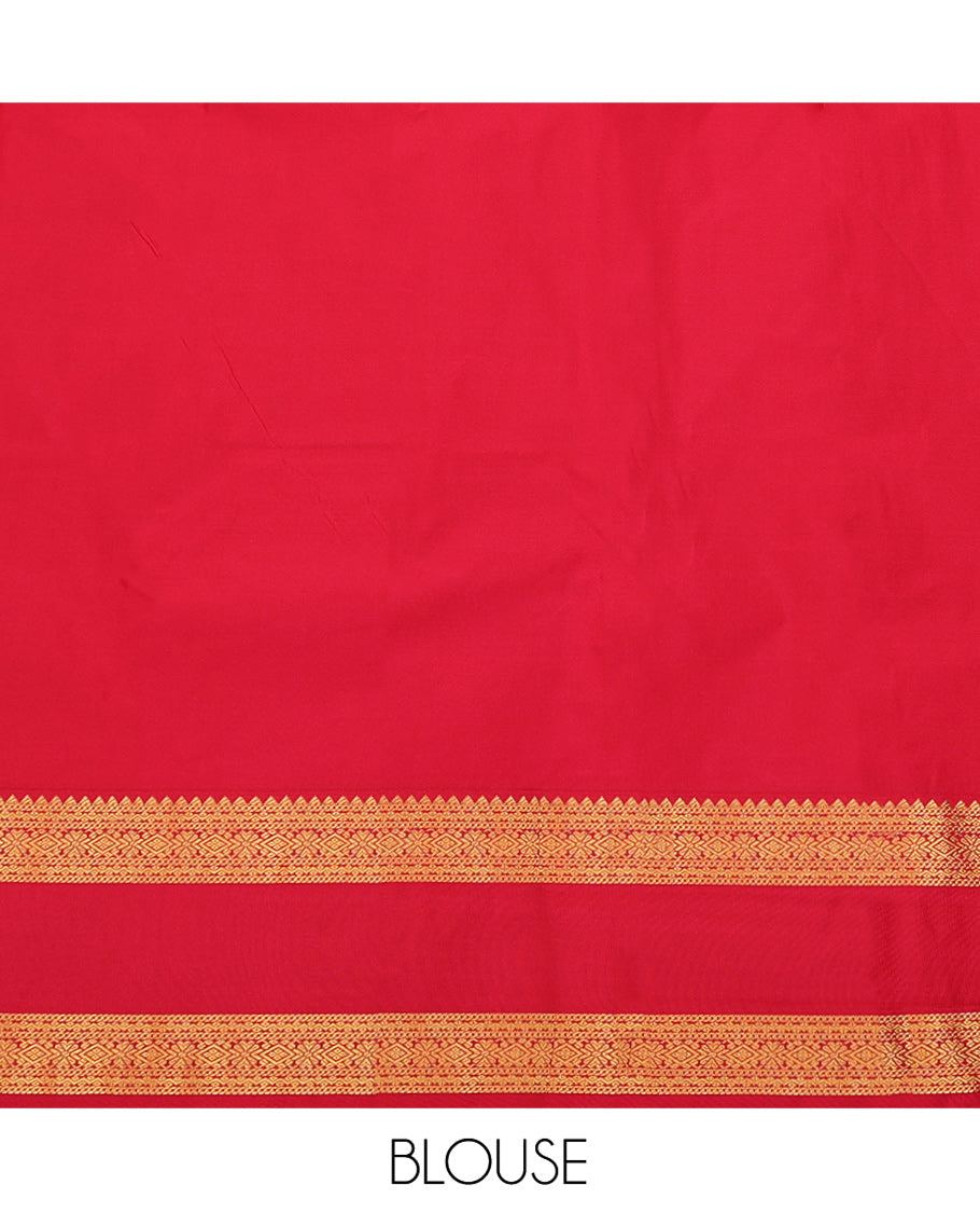 Violet Budget Silk Saree, Enthralled with Peacock Zari Buttas and Stripes on Its Body, Complemented by a Contrast Traditional Zari Rettai Pettu Border, Grand Jaal Pallu, and Paired with a Contrast Blouse