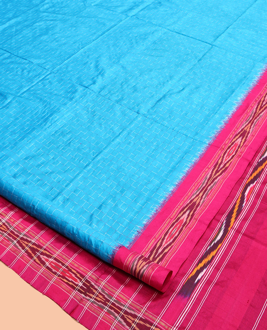 Blue Checked Pochampally Ikat Silk Saree, a Contrast Ikat-Style Border, an Ikat-Style Woven Pallu, and No Blouse