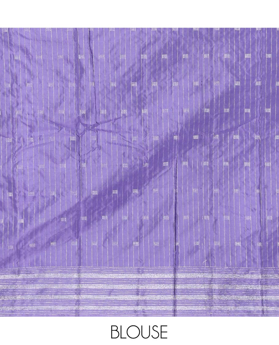 Violet Aarani Silk Saree, Uniquely Detailed with Zari Buttas and Stripes on Its Body, Highlighted by a Zari Striped Border, Pallu of Stripes and Buttas, and Paired with a Matching Blouse