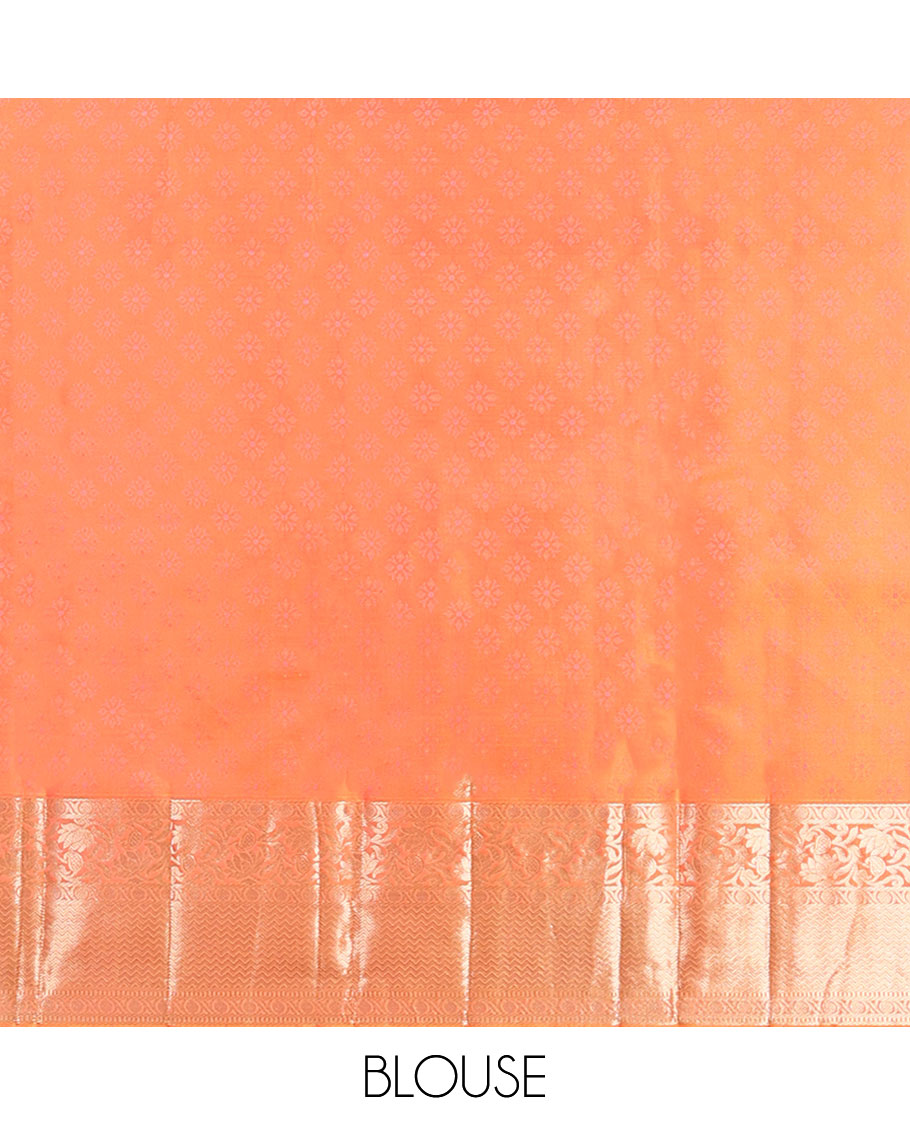 Orange geometric, floral design kancheepuram silk saree with contrast border of poo chakarm, muthu, kodi visiry design & zari design pallu
