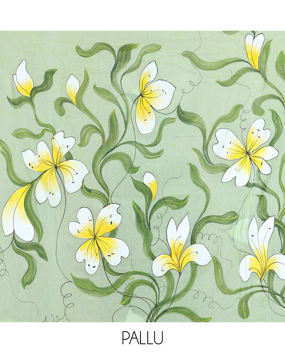 Borderless Pista Green Khadi Mul Cotton Saree Features Floral Hand-Brush Painting, and a Matching Blouse