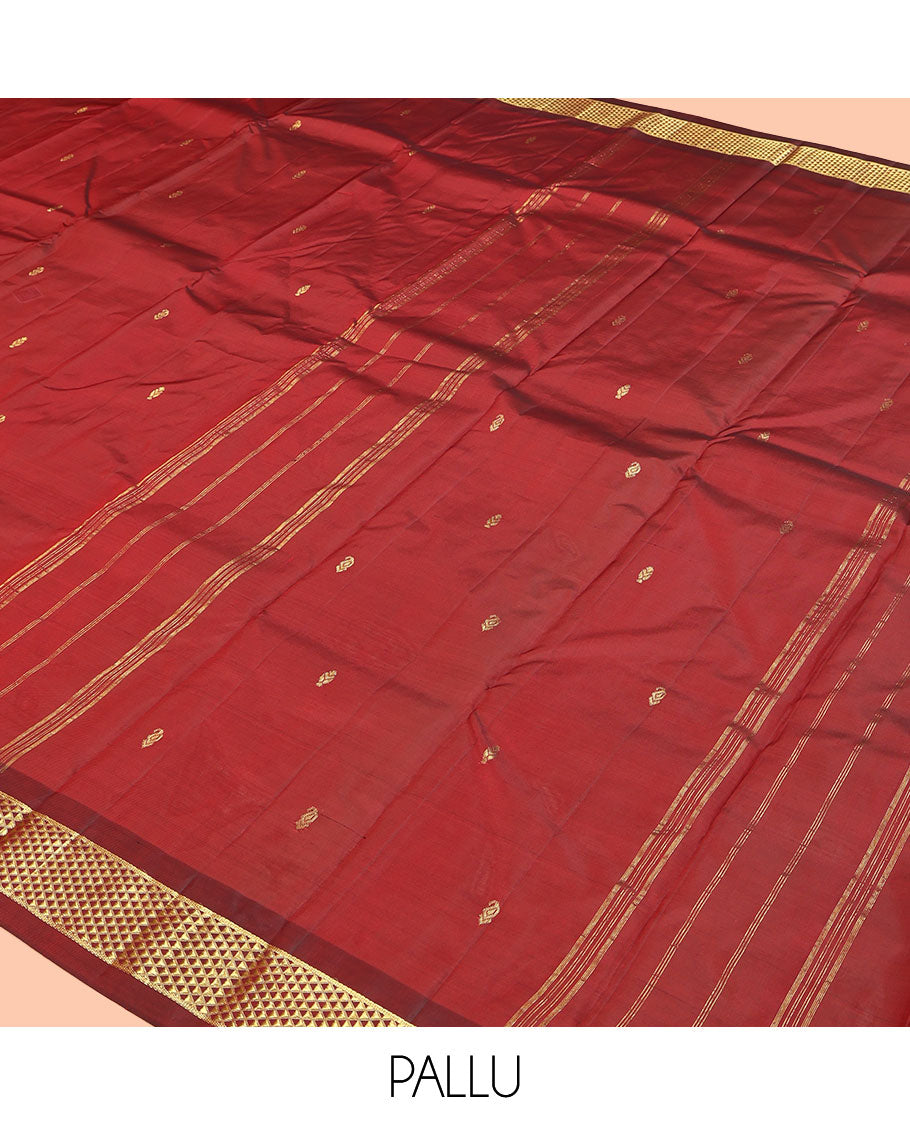 Red Kanchipuram Silk Saree, Adorned with Zari Buttas, Complemented by a Semi-Contrast Ara Madam Border, Pallu of Zari Design, and Matching Blouse